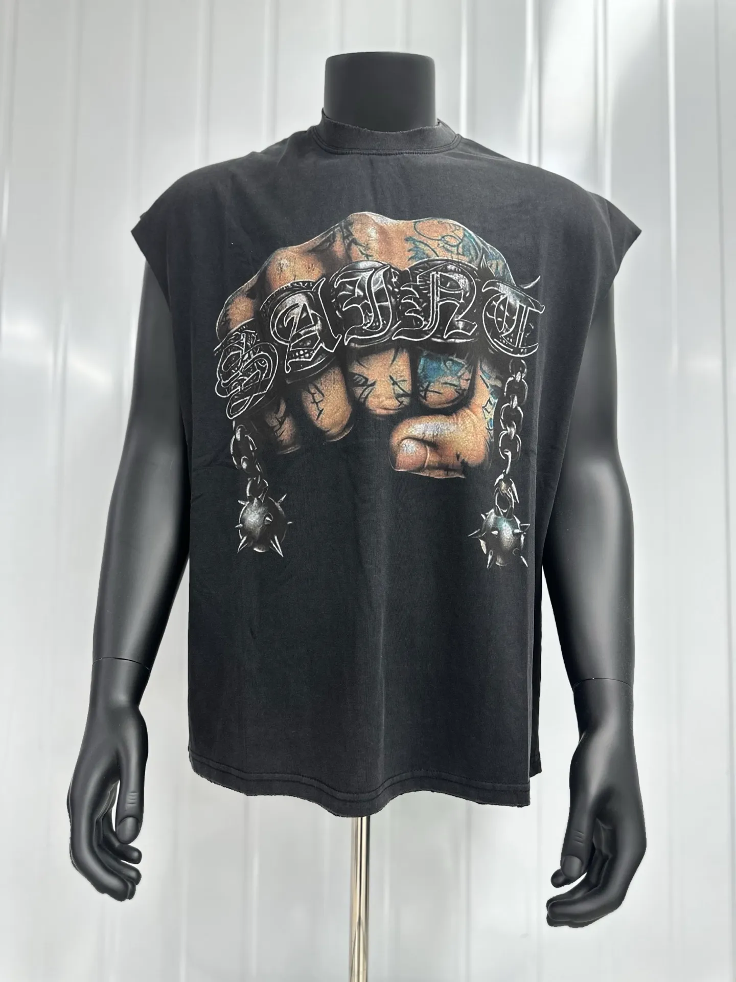 #VT036 P118💰 Saint Michael Iron Fist finger print vintage retro washed distressed sleeveless waistcoat T-shirt small neckline design white ink digital direct printing high street retro heavy distressed washed Vintage short sleeves Size: M L XL